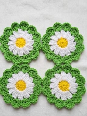 Handmade Green, White & Yellow Daisy Crochet Coasters - Home Accents Decor